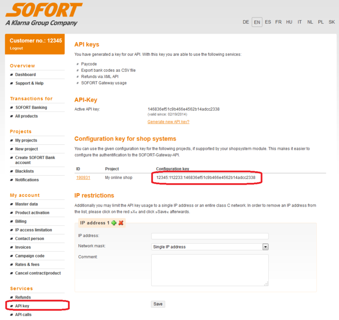 Merchant Area API Key