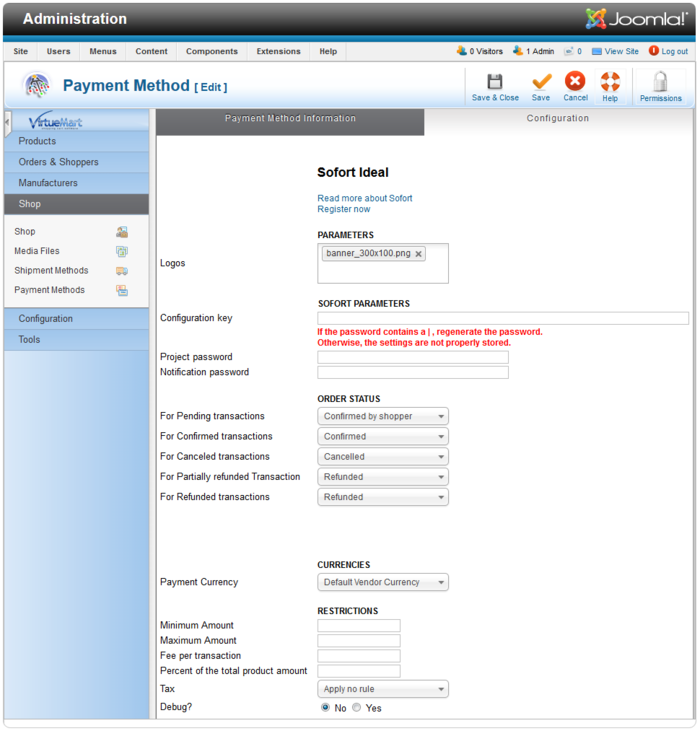 Modul Konfiguration VirtueMart/Joomla (iDEAL)