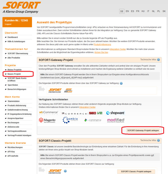 Anbietermenü Neues Projekt (Gateway)