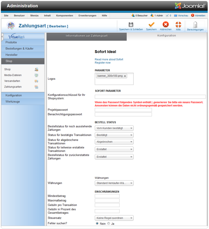 Modul Konfiguration VirtueMart/Joomla (iDEAL)