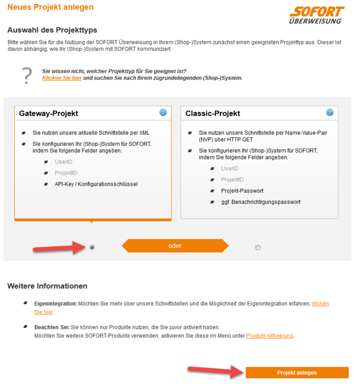 create new sofort gateway project step 2